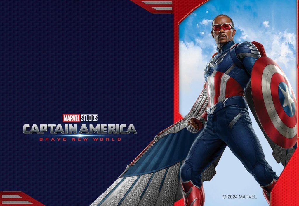 Imagem promocional de Capitão América: Admirável Mundo Novo, mostrando Sam Wilson (Anthony Mackie) em seu traje completo com escudo e asas.