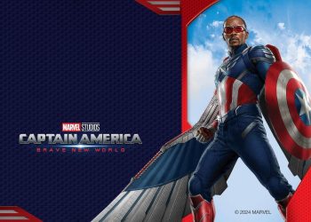 Imagem promocional de Capitão América: Admirável Mundo Novo, mostrando Sam Wilson (Anthony Mackie) em seu traje completo com escudo e asas.
