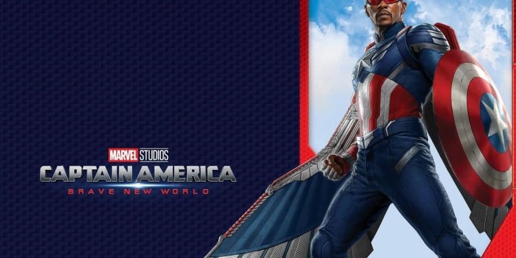 Imagem promocional de Capitão América: Admirável Mundo Novo, mostrando Sam Wilson (Anthony Mackie) em seu traje completo com escudo e asas.