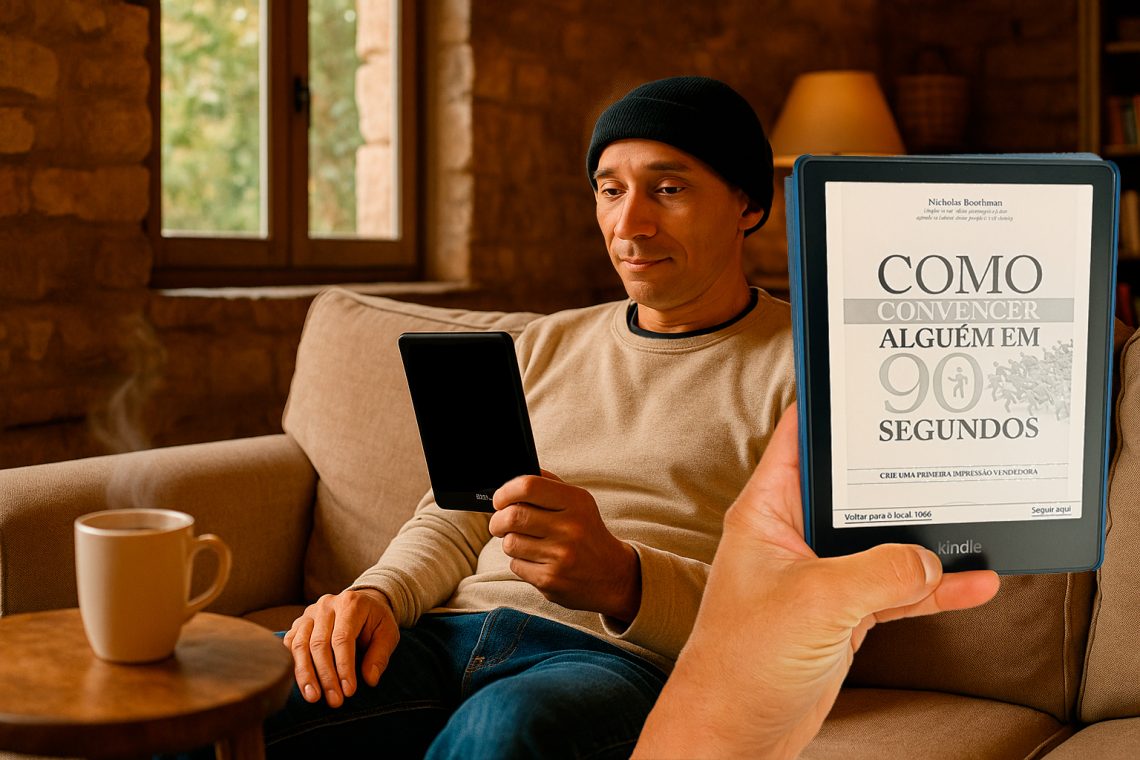 Homem sentado em um sofá lendo em um Kindle, enquanto em primeiro plano uma mão segura outro Kindle exibindo a capa do livro 'Como Convencer Alguém em 90 Segundos'.