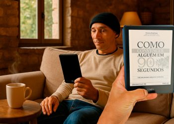Homem sentado em um sofá lendo em um Kindle, enquanto em primeiro plano uma mão segura outro Kindle exibindo a capa do livro 'Como Convencer Alguém em 90 Segundos'.
