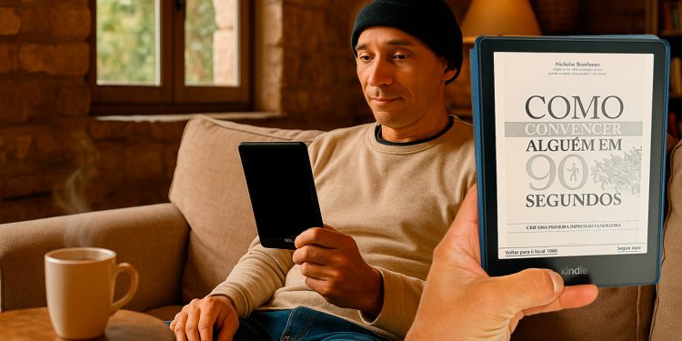 Homem sentado em um sofá lendo em um Kindle, enquanto em primeiro plano uma mão segura outro Kindle exibindo a capa do livro 'Como Convencer Alguém em 90 Segundos'.