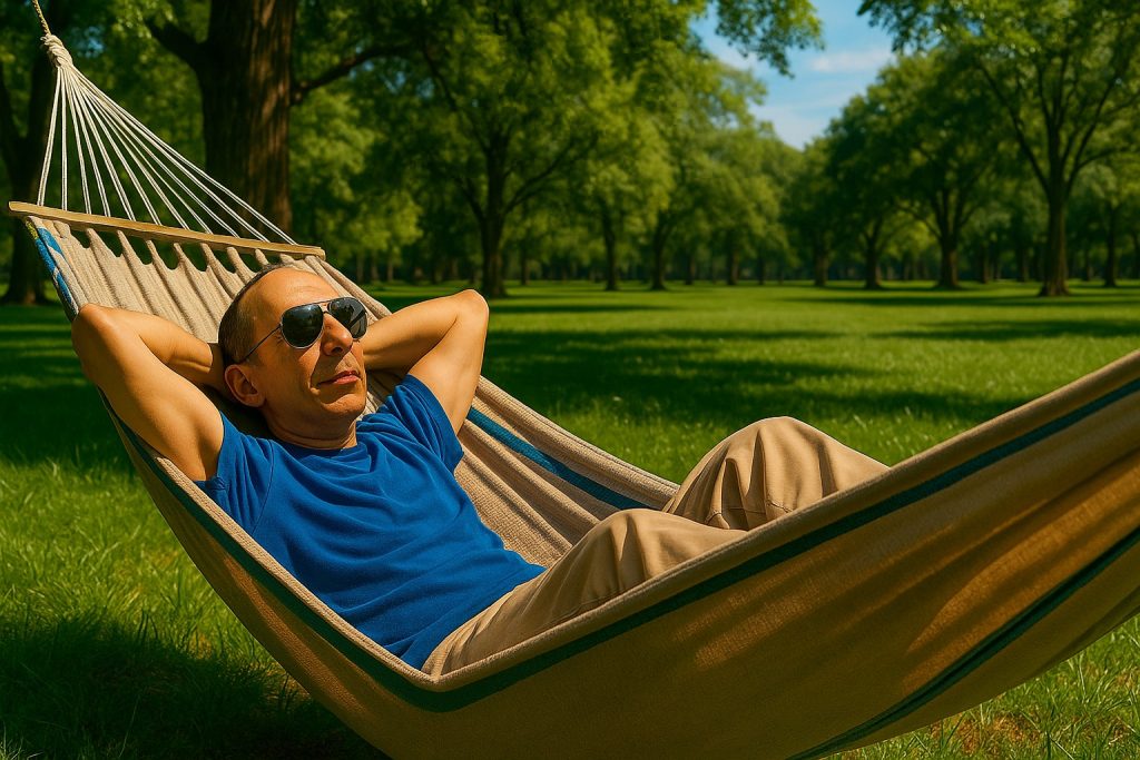 Homem relaxando confortavelmente em uma rede em um parque, representando a zona de conforto que muitas vezes leva à autossabotagem.