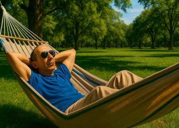 Homem relaxando confortavelmente em uma rede em um parque, representando a zona de conforto que muitas vezes leva à autossabotagem.