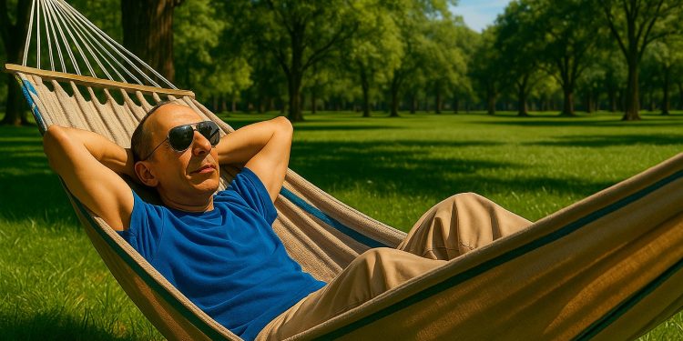 Homem relaxando confortavelmente em uma rede em um parque, representando a zona de conforto que muitas vezes leva à autossabotagem.