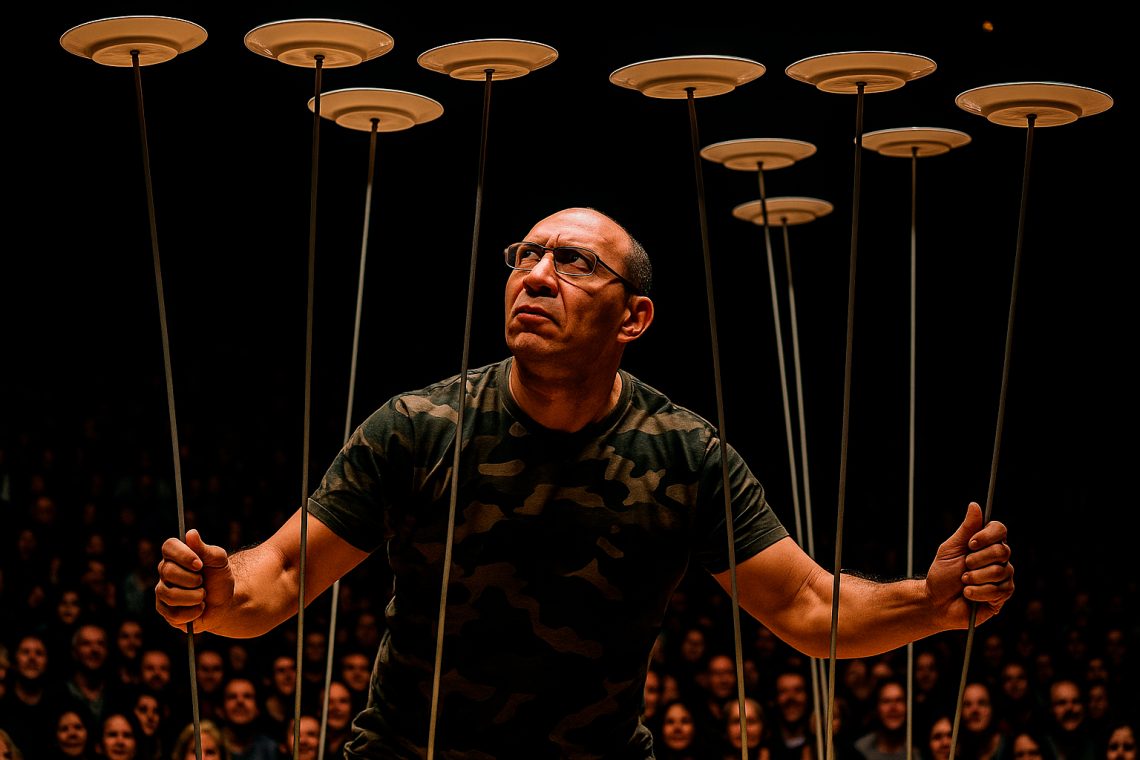 Homem no palco fazendo malabarismo com pratos giratórios, ilustrando o conceito de equilibrar as múltiplas prioridades da vida.