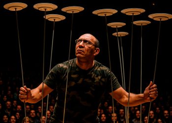 Homem no palco fazendo malabarismo com pratos giratórios, ilustrando o conceito de equilibrar as múltiplas prioridades da vida.