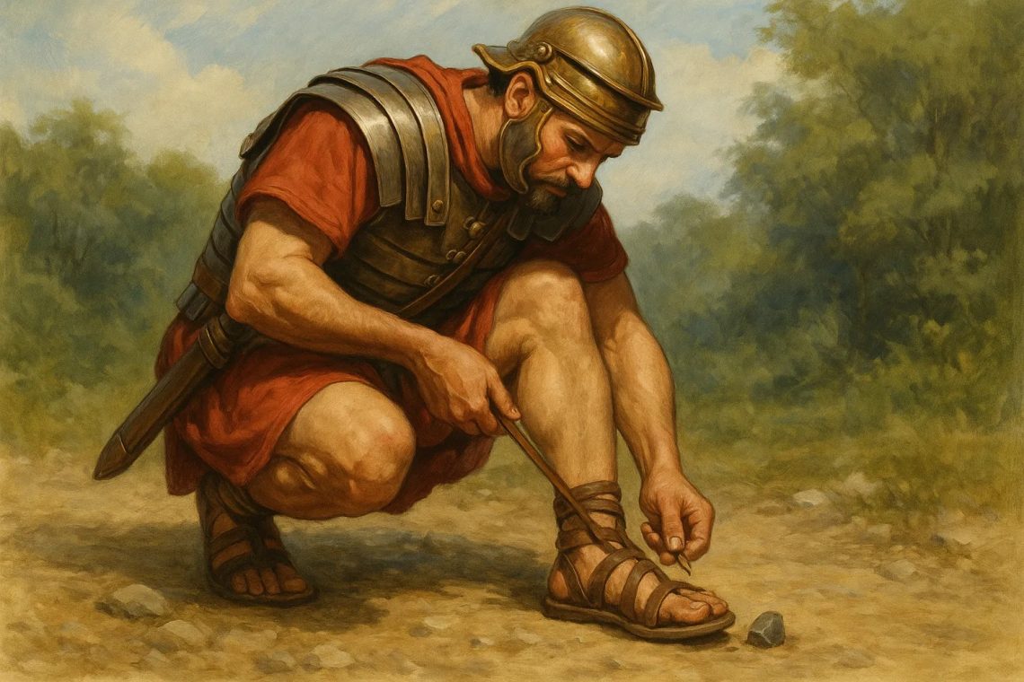 Soldado romano agachado em uma estrada de terra, usando uma vareta para remover uma pequena pedra de sua sandália de couro, conhecida como caliga.