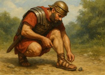 Soldado romano agachado em uma estrada de terra, usando uma vareta para remover uma pequena pedra de sua sandália de couro, conhecida como caliga.