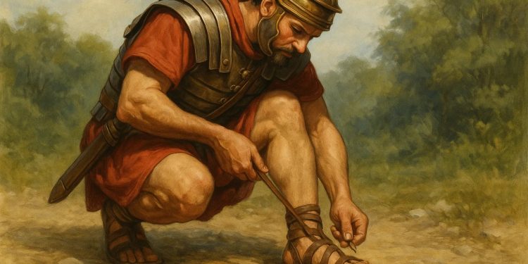 Soldado romano agachado em uma estrada de terra, usando uma vareta para remover uma pequena pedra de sua sandália de couro, conhecida como caliga.