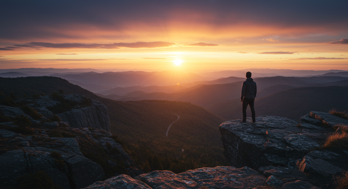 Homem de costas, em pé na beira de um penhasco, olha para o horizonte ao amanhecer, deixando para trás um caminho emaranhado e difícil, simbolizando a coragem de desistir.