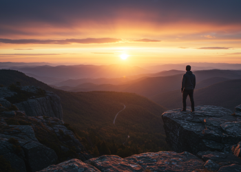 Homem de costas, em pé na beira de um penhasco, olha para o horizonte ao amanhecer, deixando para trás um caminho emaranhado e difícil, simbolizando a coragem de desistir.