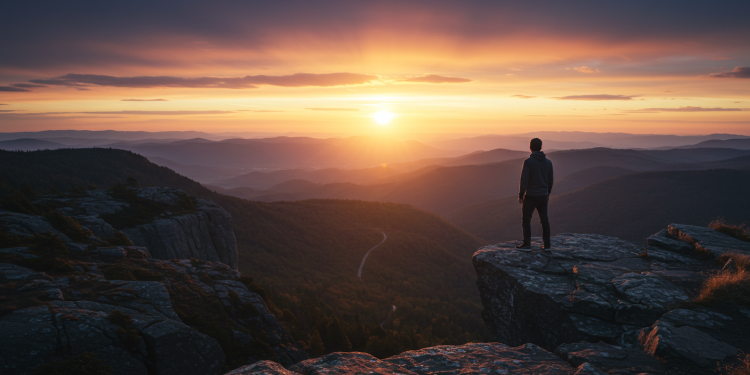 Homem de costas, em pé na beira de um penhasco, olha para o horizonte ao amanhecer, deixando para trás um caminho emaranhado e difícil, simbolizando a coragem de desistir.