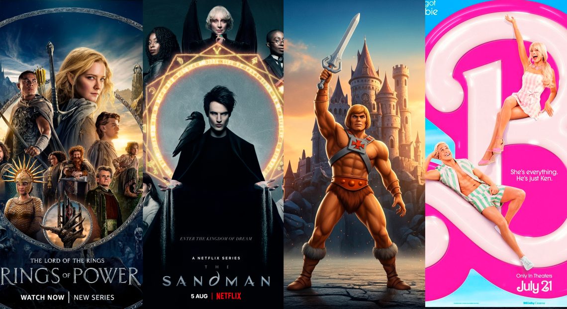 Montagem com pôsteres das séries Anéis de Poder e Sandman, uma arte do He-Man e o cartaz do filme Barbie, para ilustrar a discussão sobre modernização de franquias.