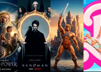 Montagem com pôsteres das séries Anéis de Poder e Sandman, uma arte do He-Man e o cartaz do filme Barbie, para ilustrar a discussão sobre modernização de franquias.