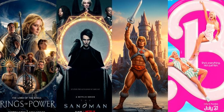 Montagem com pôsteres das séries Anéis de Poder e Sandman, uma arte do He-Man e o cartaz do filme Barbie, para ilustrar a discussão sobre modernização de franquias.