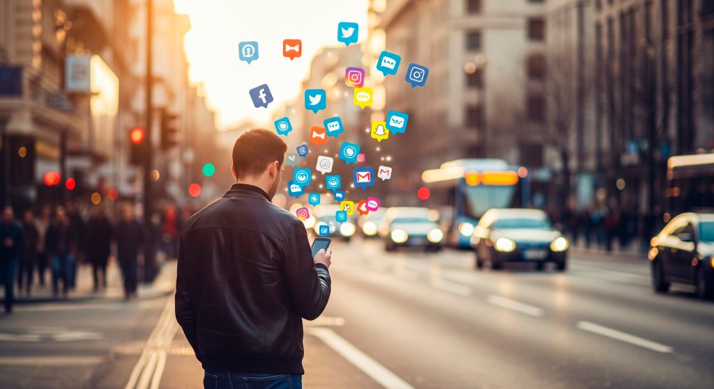 Homem de costas em uma rua movimentada, olhando para o celular de onde explodem dezenas de notificações de aplicativos em realidade aumentada, simbolizando o excesso de interrupções digitais.