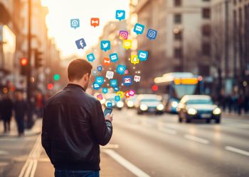 Homem de costas em uma rua movimentada, olhando para o celular de onde explodem dezenas de notificações de aplicativos em realidade aumentada, simbolizando o excesso de interrupções digitais.