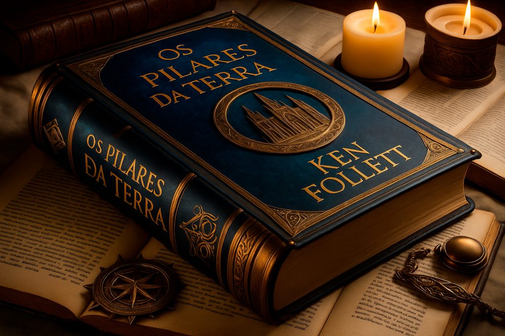 Capa de uma edição de luxo do livro "Os Pilares da Terra" de Ken Follett, deitada sobre outros manuscritos à luz de velas.