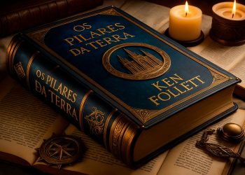 Capa de uma edição de luxo do livro "Os Pilares da Terra" de Ken Follett, deitada sobre outros manuscritos à luz de velas.