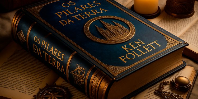 Capa de uma edição de luxo do livro "Os Pilares da Terra" de Ken Follett, deitada sobre outros manuscritos à luz de velas.