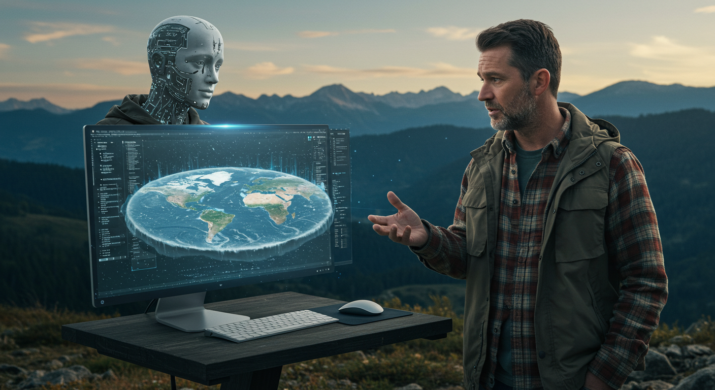 Homem gesticulando em uma conversa sobre terraplanismo com uma Inteligência Artificial, que exibe um mapa da terra plana em um monitor, validando sua teoria.