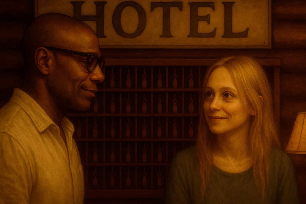 Um homem de pele escura e óculos interage com uma mulher loira e pálida na recepção de um hotel rústico, em uma cena do meu novo conto de terror "A Estrada para o Nada".