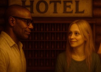 Um homem de pele escura e óculos interage com uma mulher loira e pálida na recepção de um hotel rústico, em uma cena do meu novo conto de terror "A Estrada para o Nada".