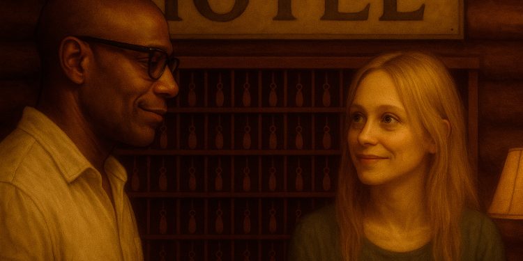 Um homem de pele escura e óculos interage com uma mulher loira e pálida na recepção de um hotel rústico, em uma cena do meu novo conto de terror "A Estrada para o Nada".