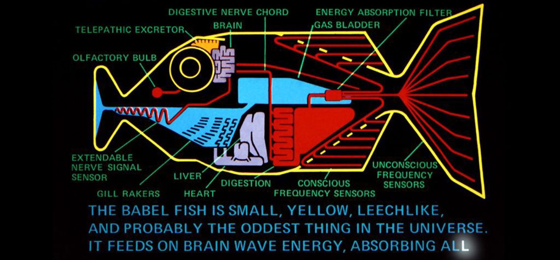 Diagrama do Peixe de Babel, do Guia do Mochileiro das Galáxias, mostrando suas partes internas e explicando seu funcionamento como um tradutor universal fictício.