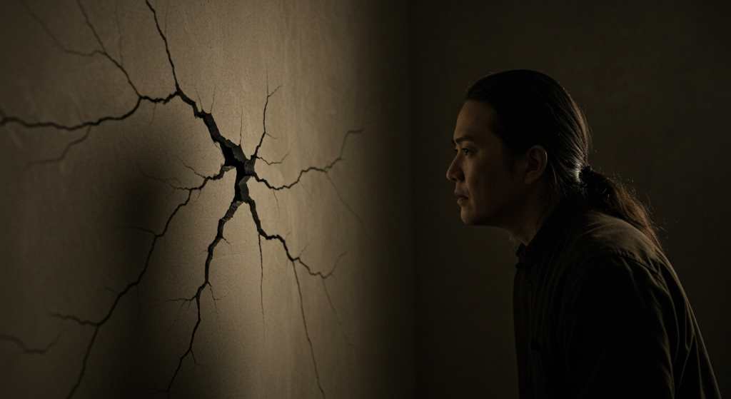 Homem observa atentamente uma rachadura extensa em uma parede escura, com um brilho sutil emanando da abertura, simbolizando a percepção de algo que antes era ignorado.