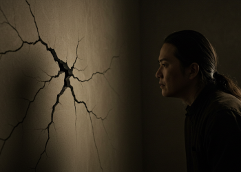 Homem observa atentamente uma rachadura extensa em uma parede escura, com um brilho sutil emanando da abertura, simbolizando a percepção de algo que antes era ignorado.