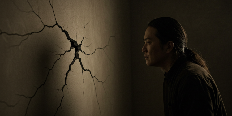 Homem observa atentamente uma rachadura extensa em uma parede escura, com um brilho sutil emanando da abertura, simbolizando a percepção de algo que antes era ignorado.