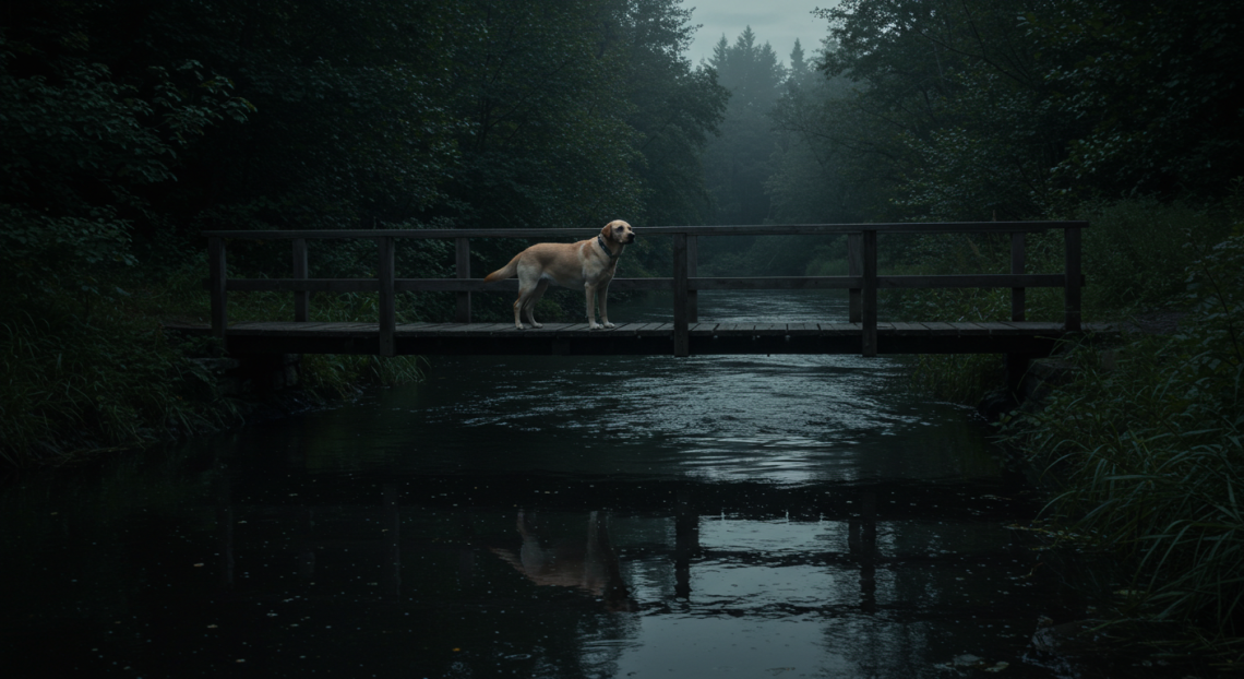 Ponte de madeira que leva a um rio escuro ao entardecer, simbolizando o destino final do cão no conto trágico "Um Cão Chamado Ninguém".