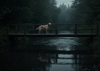 Ponte de madeira que leva a um rio escuro ao entardecer, simbolizando o destino final do cão no conto trágico "Um Cão Chamado Ninguém".