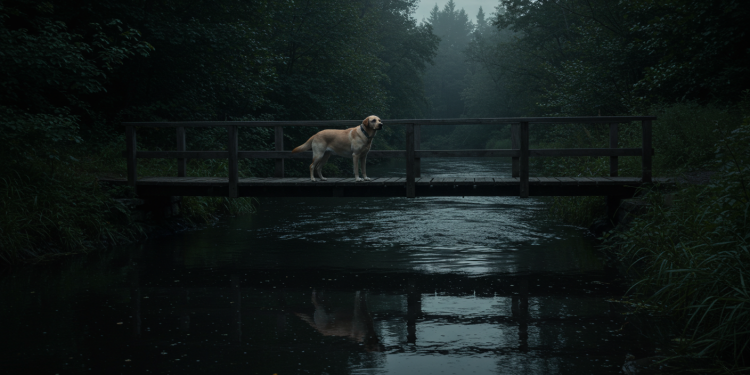 Ponte de madeira que leva a um rio escuro ao entardecer, simbolizando o destino final do cão no conto trágico "Um Cão Chamado Ninguém".