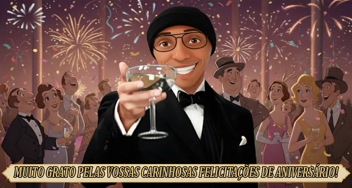 Ilustração de uma pessoa sorridente, com óculos e gorro preto, erguendo uma taça em uma festa animada com fogos de artifício ao fundo e a frase "MUITO GRATO PELAS VOSSAS CARINHOSAS FELICITAÇÕES DE ANIVERSÁRIO!".