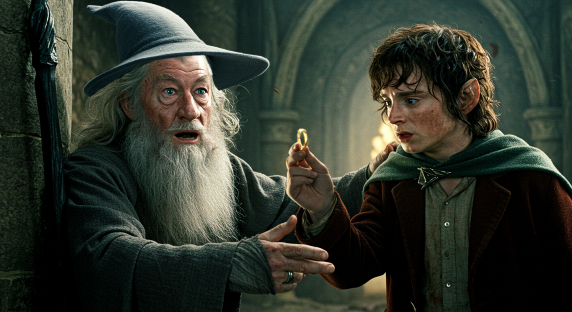 Gandalf, com uma expressão de preocupação e pavor, gesticula em direção ao Um Anel, que é segurado por um apreensivo Frodo Bolseiro em um cenário de pedra.