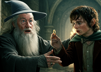 Gandalf, com uma expressão de preocupação e pavor, gesticula em direção ao Um Anel, que é segurado por um apreensivo Frodo Bolseiro em um cenário de pedra.