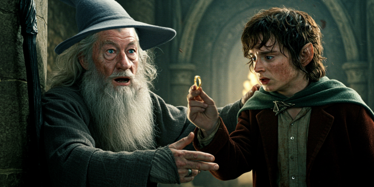 Gandalf, com uma expressão de preocupação e pavor, gesticula em direção ao Um Anel, que é segurado por um apreensivo Frodo Bolseiro em um cenário de pedra.