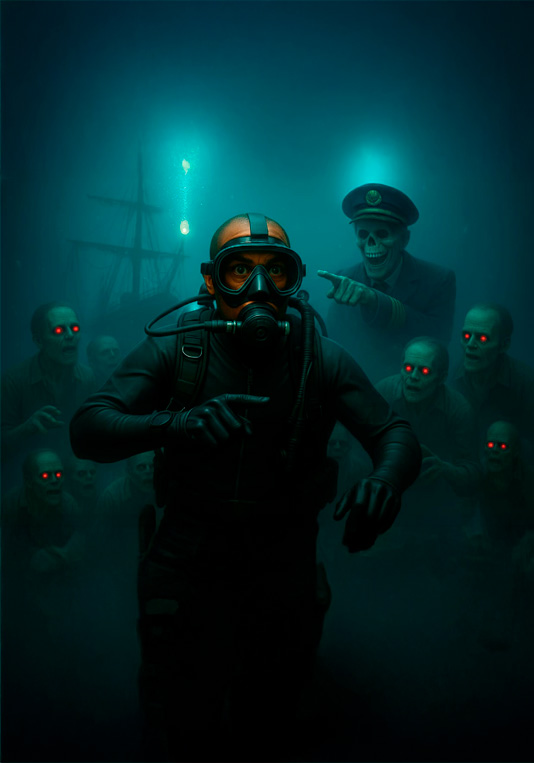 O mergulhador cercado por cadáveres/zumbis no fundo do mar