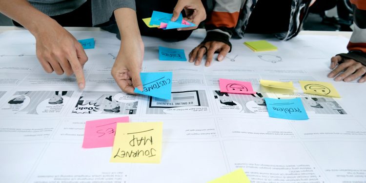 Pessoas em uma mesa organizando post-its em um "Journey Map" para otimização de processos e experiência do cliente.
