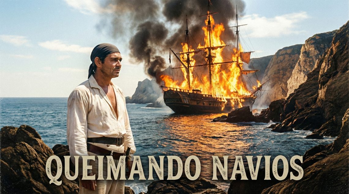 Cena diurna em estilo cinematográfico mostrando o ator Clark Gable, vestido como pirata (Fletcher Christian), observando o navio a vela H.M.S. Bounty completamente em chamas na costa rochosa. O título vintage "QUEIMANDO NAVIOS" aparece na parte inferior da imagem.
