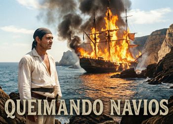Cena diurna em estilo cinematográfico mostrando o ator Clark Gable, vestido como pirata (Fletcher Christian), observando o navio a vela H.M.S. Bounty completamente em chamas na costa rochosa. O título vintage "QUEIMANDO NAVIOS" aparece na parte inferior da imagem.