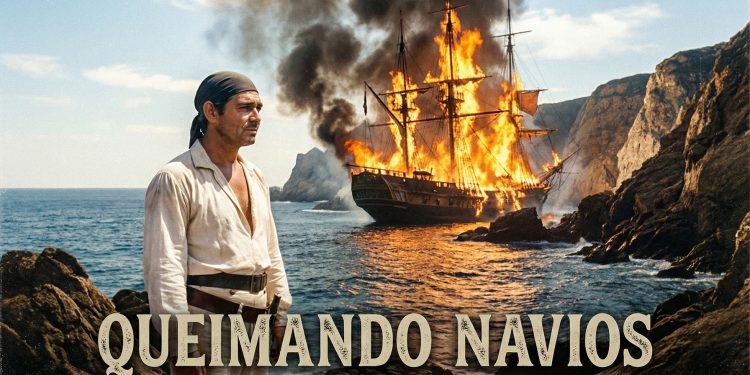 Cena diurna em estilo cinematográfico mostrando o ator Clark Gable, vestido como pirata (Fletcher Christian), observando o navio a vela H.M.S. Bounty completamente em chamas na costa rochosa. O título vintage "QUEIMANDO NAVIOS" aparece na parte inferior da imagem.