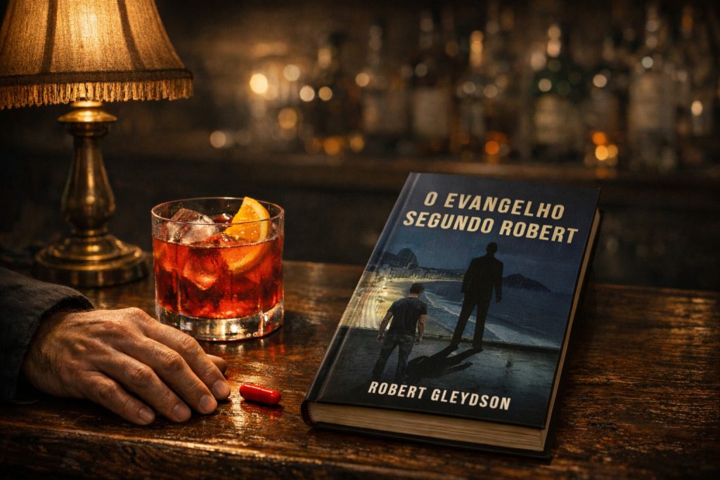 Livro O Evangelho Segundo Robert sobre balcão de bar ao lado de drink Campari e pílula vermelha red pill sob iluminação dramática.
