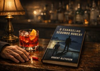 Livro O Evangelho Segundo Robert sobre balcão de bar ao lado de drink Campari e pílula vermelha red pill sob iluminação dramática.