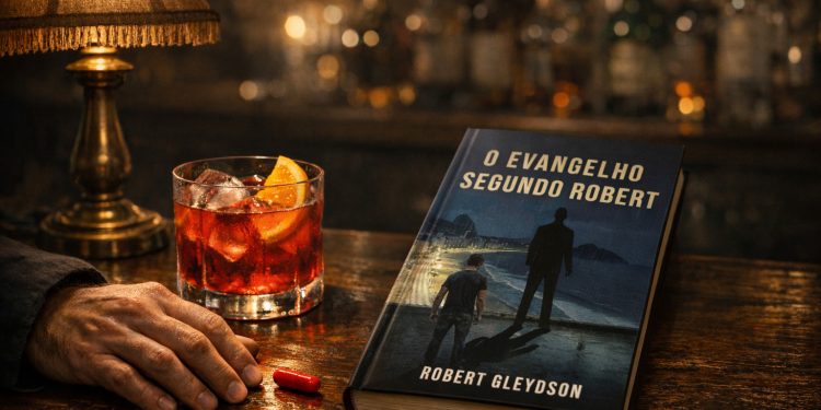 Livro O Evangelho Segundo Robert sobre balcão de bar ao lado de drink Campari e pílula vermelha red pill sob iluminação dramática.