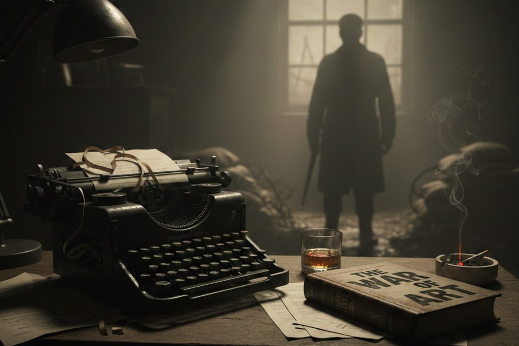 Uma máquina de escrever antiga em uma mesa de madeira ao lado do livro "The War of Art", com uma silhueta misteriosa ao fundo em um ambiente esfumaçado.