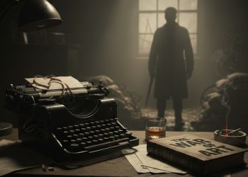 Uma máquina de escrever antiga em uma mesa de madeira ao lado do livro "The War of Art", com uma silhueta misteriosa ao fundo em um ambiente esfumaçado.